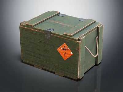 Vintage Green Wooden Box With Metal Clasps Rope Handle And Orange Label 3d model