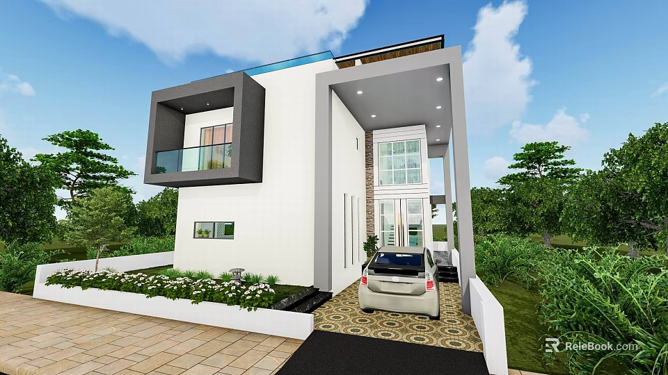 Modern Detached House Exterior With Glass Windows Landscaped Garden And Car 3d model 