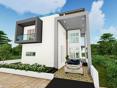 Modern Detached House Exterior With Glass Windows Landscaped Garden And Car 3d model