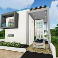 Modern Detached House Exterior With Glass Windows Landscaped Garden And Car