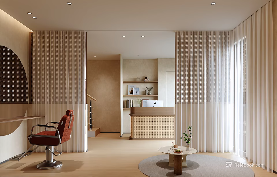 Elegant Modern Beauty Salon Interior With Red Barber Chair And Reception Desk And Curtains 3d model 