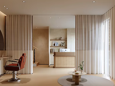 Elegant Modern Beauty Salon Interior With Red Barber Chair And Reception Desk And Curtains 3d model