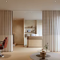 Elegant Modern Beauty Salon Interior With Red Barber Chair And Reception Desk And Curtains