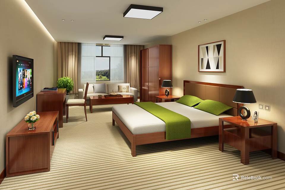 Hotel Room Interior With Wooden Furniture Green Bed Accents TV And Striped Carpet 3d model 