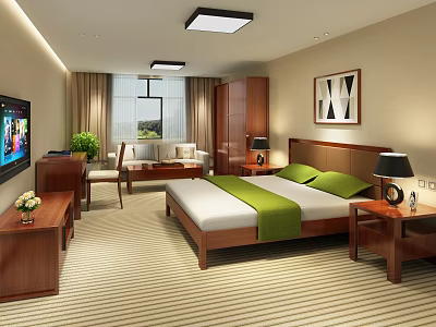 Hotel Room Interior With Wooden Furniture Green Bed Accents TV And Striped Carpet 3d model