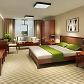 Hotel Room Interior With Wooden Furniture Green Bed Accents TV And Striped Carpet
