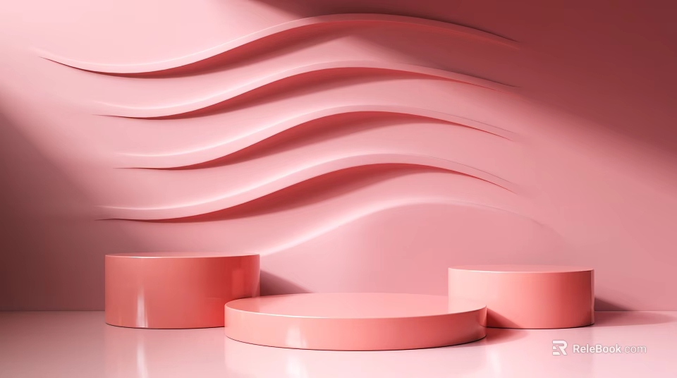 Pink Sofa And Coffee Table Set With Wave Pattern Wall And Round Display Stands 3d model