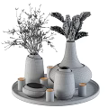 White Ceramic Vases With Dried Plants And Patterned Candles On Black Tray For Home Decor
