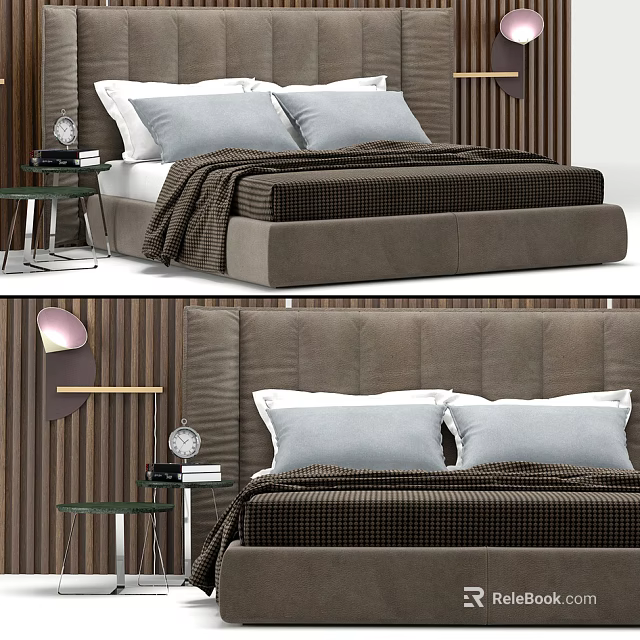 Double Bed In Modern Bedroom With Gray Pillows Brown Blanket And Wooden Wall Background 3d model 