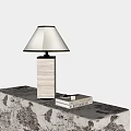 Table Lamp With Wooden Base Light Gray Lampshade On Patterned Surface With Books