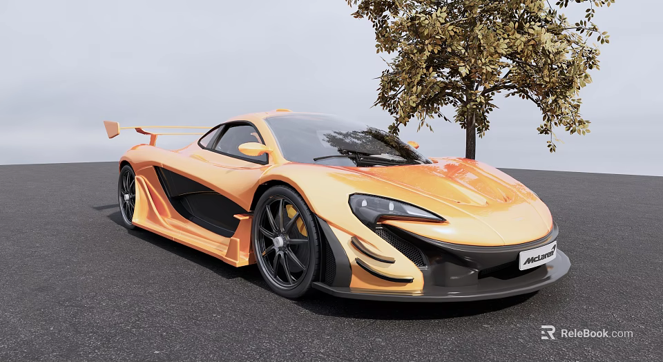 Modern Orange McLaren Sports Car With Black Wheels Parked Near Tree 3d model 
