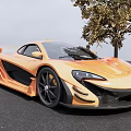 Modern Orange McLaren Sports Car With Black Wheels Parked Near Tree