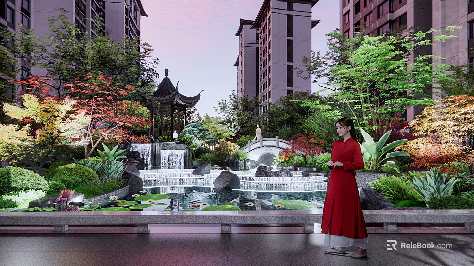 Chinese Garden Landscape Featuring Pagoda Waterfall Stone Bridge Lush Greenery and High-rise Buildings 3d model 