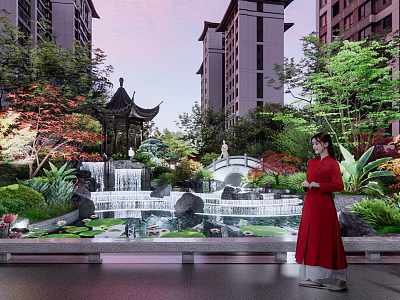 Chinese Garden Landscape Featuring Pagoda Waterfall Stone Bridge Lush Greenery and High-rise Buildings 3d model