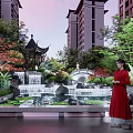 Chinese Garden Landscape Featuring Pagoda Waterfall Stone Bridge Lush Greenery and High-rise Buildings