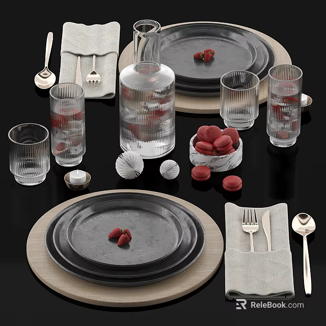 Elegant Dinnerware Set With Black Plates Wooden Placemats Transparent Glasses Silver Cutlery And Linen Napkins 3d model 