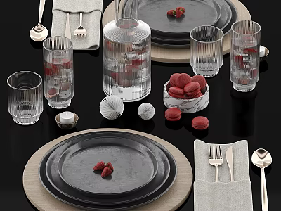 Elegant Dinnerware Set With Black Plates Wooden Placemats Transparent Glasses Silver Cutlery And Linen Napkins 3d model