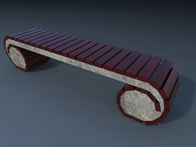 Modern Outdoor Bench Featuring Red Wooden Slats And Circular Concrete Legs 3d model