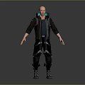 Sci Fi Bald Male Character With Black Leather Jacket Mechanical Pants And Backpack 3d model
