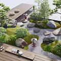 Japanese Style Courtyard Garden With Pine Trees Stones Moss Stone Lanterns And Wooden Deck