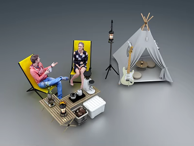Two People Camping Outdoors With Yellow Chairs Wooden Table Guitar Teepee Tent Lantern And Cooler 3d model