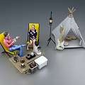 Two People Camping Outdoors With Yellow Chairs Wooden Table Guitar Teepee Tent Lantern And Cooler