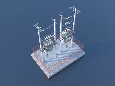 Industrial Power Equipment Substation With Utility Poles Transformers And Concrete Foundation 3d model
