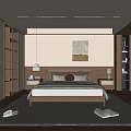 Modern Bedroom With Wooden Headboard Wall Decorative Painting Nightstands Table Lamps Rug And Accent Chair