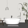 White Freestanding Bathtub in Modern Bathroom with Wooden Stool Pendant Light and Green Plant