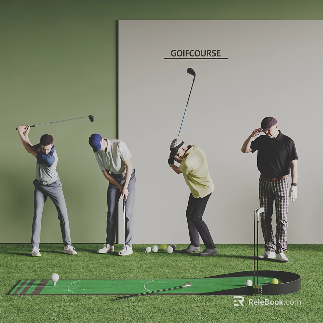 People Playing Golf In Different Poses At The Golf Course 3d model 