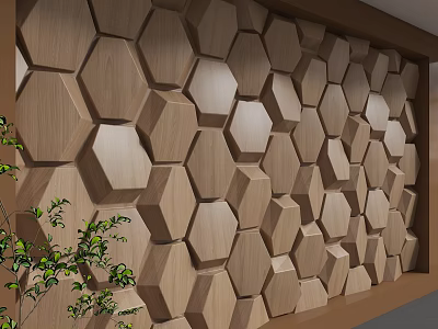 Hexagonal Wooden Background Wall Design With Green Plant Decoration In Modern Space 3d model