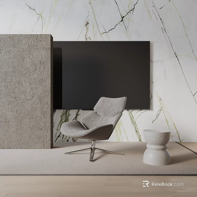 Modern Gray Accent Chair with Metal Legs against Marble Wall and Small Round Stool 3d model 