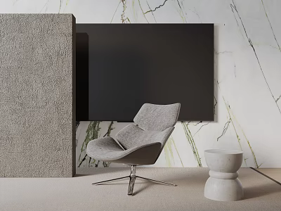 Modern Gray Accent Chair with Metal Legs against Marble Wall and Small Round Stool 3d model