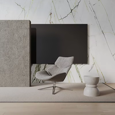 Modern Gray Accent Chair with Metal Legs against Marble Wall and Small Round Stool 3d model