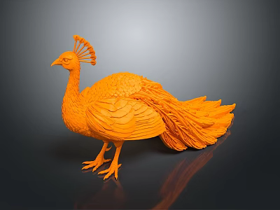 Orange Peacock Standing With Vibrant Tail Feathers On Dark Background With Reflection 3d model