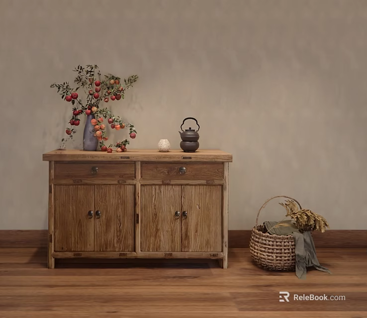 Wooden Sideboard With Decorative Vase Red Berry Branches Teapot And Woven Basket 3d model 