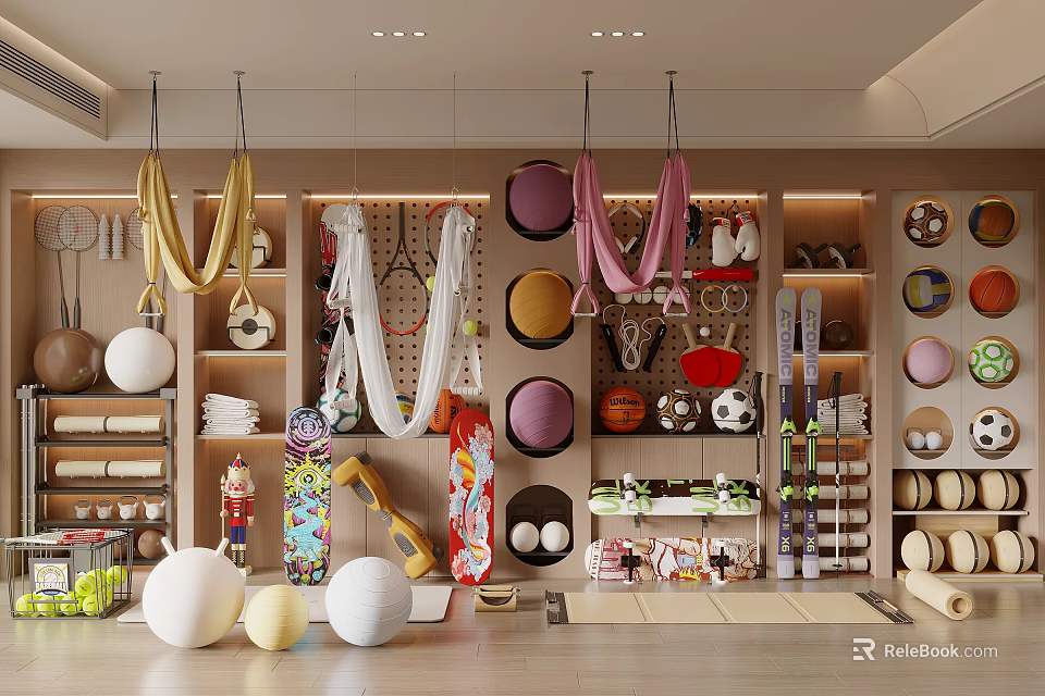Modern Fitness Store Display With Yoga Accessories And Exercise Equipment 3d model 