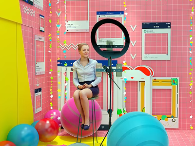 Public Office Space Featuring Pink Yellow Walls Picture Frames Colorful Exercise Balls And Ring Light 3d model