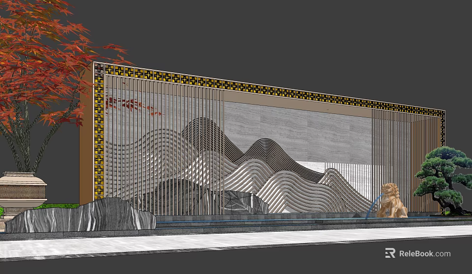 Traditional Chinese Landscape Wall With Wavy Metal Grille Calligraphy Red Leaf Tree And Stone Lion 3d model 