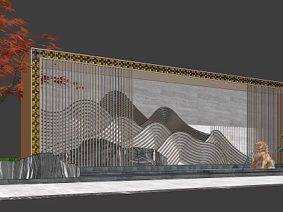 Traditional Chinese Landscape Wall With Wavy Metal Grille Calligraphy Red Leaf Tree And Stone Lion 3d model