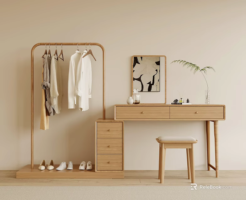 Natural Wood Dressing Table Interior With Mirror Stool Drawers And Clothes Rack 3d model