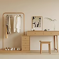 Natural Wood Dressing Table Interior With Mirror Stool Drawers And Clothes Rack 3d model