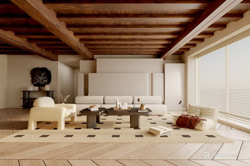 Minimalist Living Room Interior With Wooden Beam Ceiling Beige Sofa White Armchair And Geometric Rug 3d model 