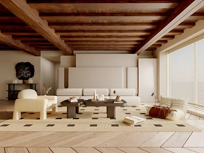 Minimalist Living Room Interior With Wooden Beam Ceiling Beige Sofa White Armchair And Geometric Rug 3d model