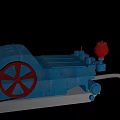 Industrial Equipment Featuring Blue Body Red Wheel And Spherical Component With Pipes
