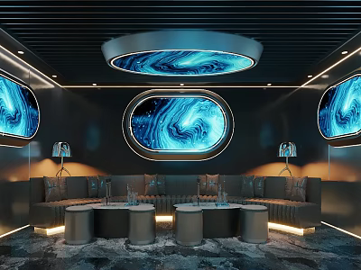 Modern KTV Interior With Deep Blue Circular Window Like Screens Black Walls And Ambient Lighting 3d model