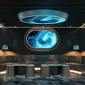 Modern KTV Interior With Deep Blue Circular Window Like Screens Black Walls And Ambient Lighting