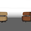 Modern Design Sofa Stools With Beige Brown Upholstery Curved Backrest Round Seat And Wooden Base
