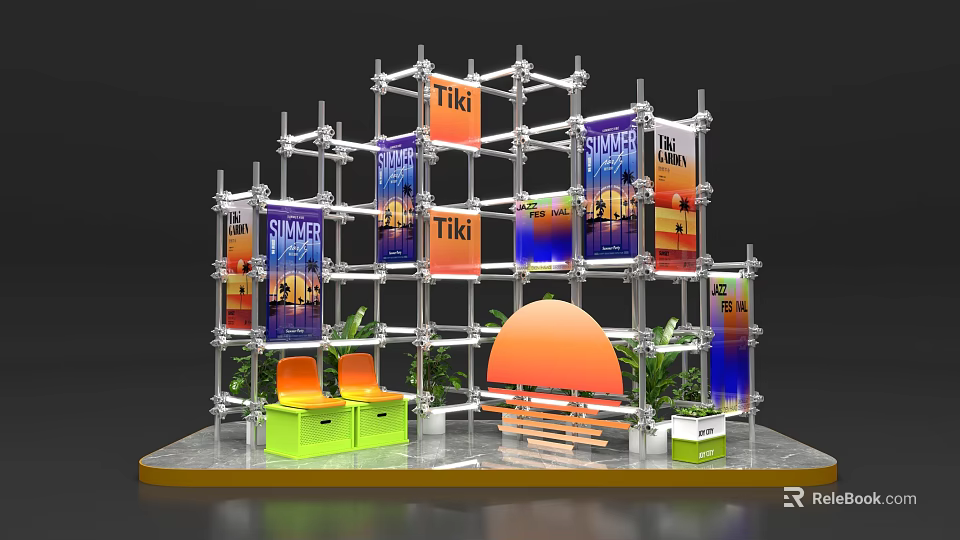 Floral Display Installation Featuring Metal Frame Structure Colorful Posters Orange Semicircular Decoration And Green Plants 3d model 