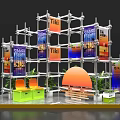 Floral Display Installation Featuring Metal Frame Structure Colorful Posters Orange Semicircular Decoration And Green Plants